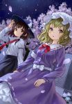  2girls ama-tou blonde_hair brown_eyes brown_hair cherry_blossoms dutch_angle graveyard hand_on_headwear hat highres long_hair looking_at_viewer maribel_hearn mob_cap multiple_girls parted_lips petals short_hair touhou translation_request tree usami_renko wind yellow_eyes 