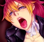  1girl ao_no_exorcist blonde_hair choker close-up collarbone face gradient_hair kirigakure_shura leather_jacket long_hair multicolored_hair nose open_mouth redhead ribbon_choker sawao solo spaghetti_strap tongue tongue_out violet_eyes 