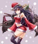  1girl :o ass bare_shoulders black_hair black_legwear blush breasts choker christmas detached_sleeves from_side fur_trim haruna_(kantai_collection) hat headgear kantai_collection long_hair looking_at_viewer machinery red_eyes santa_costume santa_hat sleeves_past_wrists snow solo sumapan thigh-highs 