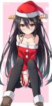  1girl alternate_costume alternate_legwear bare_shoulders black_hair black_legwear blush boots brown_eyes collarbone fur_trim haruna_(kantai_collection) hat headgear kantai_collection long_hair looking_at_viewer nikkunemu pantyhose revision santa_costume santa_hat sitting solo strap_slip twitter_username very_long_hair 