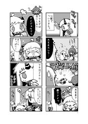  &gt;_&lt; 4koma ? ahoge bow claws comic hair_bow hair_ribbon horn horns kantai_collection long_hair mittens monochrome multiple_4koma northern_ocean_hime ribbon school_uniform seaport_hime serafuku shinkaisei-kan sweatdrop taigei_(kantai_collection) tears translation_request tripping wishbone yuudachi_(kantai_collection) 