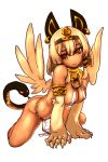  1girl 31107029 all_fours animal_ears blonde_hair bracelet breasts character_request cleavage dark_skin ear_piercing earrings egyptian hairband highres jewelry loincloth monster_girl neck_ring necklace o-ring_top paws piercing puzzle_&amp;_dragons short_hair smile snake snake_tail solo sphinx wings yellow_eyes 
