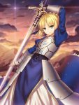  1girl ahoge armor armored_dress blonde_hair dress excalibur fate/stay_night fate/zero fate_(series) gauntlets green_eyes hair_ribbon highres ribbon saber solo sword weapon yezhi_na 