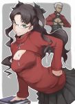  1girl archer fate/stay_night fate_(series) glasses hand_on_hip open-chest_sweater simple_background skirt toosaka_rin twintails 
