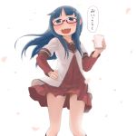  1girl 9so_(ponchon) :d backlighting blue_eyes blue_hair cosplay cup denki-gai_no_hon&#039;ya-san funami_yui funami_yui_(cosplay) glasses highres long_hair open_mouth red-framed_glasses saliva school_uniform seiyuu_connection sensei_(denki-gai) serafuku smile solo teeth tsuda_minami white_background yuru_yuri 