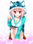  1girl :3 animal_hood blush breasts cat_hood cleavage headphones hood large_breasts long_hair looking_at_viewer nitroplus open_mouth paw_pose petrolatum pink_hair pom_pom_(clothes) red_eyes smile solo super_sonico 