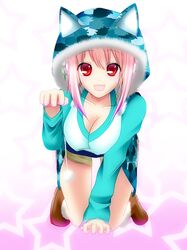  1girl :3 animal_hood blush breasts cat_hood cleavage headphones hood large_breasts long_hair looking_at_viewer nitroplus open_mouth paw_pose petrolatum pink_hair pom_pom_(clothes) red_eyes smile solo super_sonico 