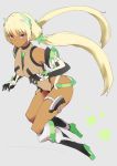  1girl angela_balzac bare_shoulders blonde_hair bodysuit breasts dark_skin elbow_gloves expelled_from_paradise gloves grey_background hareno_chiame headgear leotard long_hair looking_at_viewer low_twintails smile solo thigh_strap twintails very_long_hair violet_eyes 