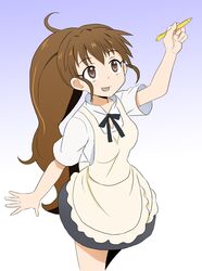  1girl apron brown_eyes brown_hair highres long_hair nagi_kurage ponytail taneshima_popura waitress waving working!! 