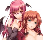  2girls bare_shoulders bat_wings blue_eyes blush braid breasts bust collarbone detached_collar detached_sleeves head_wings hong_meiling jpeg_artifacts koakuma large_breasts lips long_hair looking_at_viewer moneti_(daifuku) multiple_girls parted_lips pink-framed_glasses pink_eyes pink_hair pointy_ears redhead simple_background touhou twin_braids white_background wings 