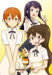  3girls apron black_eyes black_hair brown_eyes brown_hair double_v highres inami_mahiru long_hair multiple_girls nagi_kurage parfait ponytail taneshima_popura tray uniform v waitress working!! yamada_aoi 