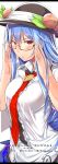  1girl adjusting_glasses bespectacled black_hat blue_hair breasts food fruit glasses hinanawi_tenshi long_hair looking_at_viewer necktie neropaso peach red_eyes semi-rimless_glasses solo touhou white_blouse 