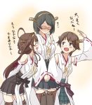  3girls bare_shoulders black_hair blush boots brown_hair detached_sleeves engiyoshi glasses hairband height_difference hiei_(kantai_collection) highres japanese_clothes kantai_collection kirishima_(kantai_collection) kongou_(kantai_collection) long_hair multiple_girls no_legwear nontraditional_miko open_mouth revision short_hair skirt smile tall thigh-highs thigh_boots translated 