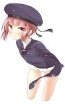  1girl arms_behind_back auburn_hair blush clothes_writing cropped_legs embarrassed flying_sweatdrops hat highres hiraga_pikurosu kantai_collection long_sleeves military military_uniform neckerchief panties payot red_eyes redhead sailor_collar sailor_hat short_hair simple_background solo sweatdrop torn_clothes underwear uniform white_background white_panties z3_max_schultz_(kantai_collection) 