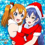  2girls 7001 :d artist_name blue_eyes blue_hair brown_eyes brown_hair dated detached_sleeves hat hug kousaka_honoka long_hair love_live!_school_idol_project multiple_girls one_eye_closed open_mouth santa_hat side_ponytail smile sonoda_umi 