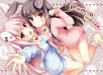  2girls :d animal_ears black_hair blush bow breasts bunny_tail choker cleavage fang long_hair looking_at_viewer multiple_girls open_mouth original outstretched_hand pan_(mimi) paw_pose pink_hair rabbit_ears red_eyes smile sweater tail 
