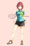  1girl alternate_costume badminton_racket full_body highres kantai_collection kinu_(kantai_collection) looking_at_viewer pink_background racket red_eyes redhead sahuyaiya shoes short_hair shorts simple_background skirt smile sneakers solo sportswear standing sweatband t-shirt tennis_racket tennis_uniform 