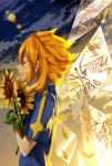  1boy amemiya_taiyou arakumo_gakuen closed_eyes clouds flower inazuma_eleven_(series) inazuma_eleven_go itoko_(designcourse) lens_flare long_hair male orange_hair profile sky soccer_uniform solo sportswear sunflower 