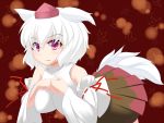  1girl animal_ears bare_shoulders blush breasts detached_sleeves fang hand_on_own_chest hat inubashiri_momiji jantaku large_breasts looking_at_viewer red_eyes ribbon-trimmed_sleeves ribbon_trim shirt short_hair silver_hair skirt solo tail tokin_hat touhou wolf_ears wolf_tail 