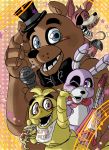  1girl 3boys animal_ears bib bonnie_(five_nights_at_freddy&#039;s) bowtie chica eyepatch five_nights_at_freddy&#039;s food foxy_(five_nights_at_freddy&#039;s) freddy_fazbear guitar hat instrument microphone multiple_boys musical_note open_mouth pizza rabbit_ears smile star tagme top_hat yellow_background 