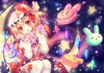  &gt;_&lt; 1girl :3 :d =3 =_= blonde_hair bow cake flandre_scarlet food hair_bow hair_ribbon looking_at_viewer mob_cap open_mouth orange_eyes rabbit ribbon riichu scarf side_ponytail sitting smile solo thigh-highs touhou white_legwear wings x3 |_| 