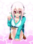  1girl :3 bespectacled blush breasts cleavage glasses headphones large_breasts long_hair looking_at_viewer nitroplus open_mouth paw_pose petrolatum pink_hair pom_pom_(clothes) red_eyes smile solo super_sonico 