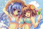  2girls ;d absurdres bikini blue_bikini blue_hair breasts brown_hair cellphone cleavage disc_cover flower hair_flower hair_intakes hair_ornament hat highres huge_filesize ichinose_mio_(koi_ga_saku_koro_sakura_doki) innertube izumi_tsubasu koi_ga_saku_koro_sakura_doki multiple_girls musical_note one_eye_closed open_mouth phone single_hair_intake smile straw_hat swimsuit tsukishima_yuuri violet_eyes white_bikini white_swimsuit 