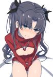  1girl black_hair blush cleavage_cutout fate/stay_night fate_(series) fenrirr hair_ribbon highres jewelry looking_away necklace open-chest_sweater ribbon sitting solo sweater toosaka_rin two_side_up v_arms 