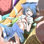  1girl blue_eyes blue_hair bow cirno food hair_bow ice ice_cream ice_wings one_eye_closed open_mouth shuga_(soranote) solo touhou wings 