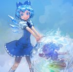  2girls :d blue_dress blue_eyes blue_hair bow cirno covered_navel daiyousei dress hair_bow ice ice_wings multiple_girls open_mouth short_hair smile touhou wings yst 