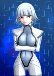  1girl bodysuit breast_hold breasts crossed_arms impossible_clothes large_breasts miniskirt_pirates navel quartz_christie short_hair silver_hair solo vision_(artist) yellow_eyes 