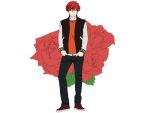  1boy earrings flower gekkan_shoujo_nozaki-kun hands_in_pockets highres jacket jewelry male mikoshiba_mikoto red_eyes redhead rose smile undershaft 