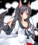  1girl :3 animal_ears blush breasts brooch brown_hair collarbone dress fang fingernails imaizumi_kagerou jewelry long_hair looking_at_viewer nail_polish rano red_eyes solo tail touhou wolf_ears wolf_tail 