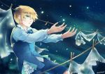 1boy blonde_hair bowtie frills green_eyes night night_sky open_mouth outstretched_arms oz_vessalius pandora_hearts short_hair shorts sky solo star_(sky) starry_sky vest wavewhisper 