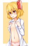  1girl blush breasts highres looking_down navel open_clothes open_mouth open_shirt panties pink_panties red_eyes rumia short_hair solo tokoya touhou underwear 