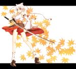  1girl :&lt; animal_ears autumn_leaves bare_shoulders breasts detached_sleeves fang geta hat highres inubashiri_momiji jiennotu katana large_breasts leaf looking_at_viewer red_eyes ribbon ribbon-trimmed_sleeves ribbon_trim short_hair silver_hair solo sword tail tokin_hat touhou weapon wolf_ears wolf_tail 
