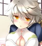  1girl blush braid breast_rest breasts cleavage_cutout close-up cloud_print flat_gaze ichiyou_moka indoors kantai_collection large_breasts leaning_forward looking_at_viewer lowres open_mouth silver_hair single_braid solo unryuu_(kantai_collection) wavy_hair window yellow_eyes 