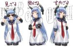  1girl blue_hair blush closed_eyes covering_eyes crossed_arms gloves headgear kantai_collection long_hair murakumo_(kantai_collection) necktie pantyhose red_eyes sailor_dress translation_request 