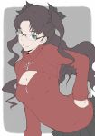  1girl black_hair fate/stay_night fate_(series) glasses hand_on_hip long_hair open-chest_sweater simple_background skirt solo toosaka_rin twintails 
