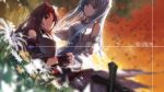  2girls asuna_(sao-alo) black_hair blue_eyes blue_hair blurry depth_of_field dutch_angle flower highres long_hair lying lying_on_person multiple_girls pointy_ears red_eyes smile swd3e2 sword_art_online translation_request yuuki_(sao) 