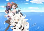  3girls ahoge artist_request brown_hair bunny_hair_ornament crescent_hair_ornament detached_sleeves dress grey_eyes hair_ornament hairband hiei_(kantai_collection) horizon horns kantai_collection long_hair machinery mittens multiple_girls nontraditional_miko northern_ocean_hime ocean redhead school_uniform serafuku shinkaisei-kan short_hair sky uzuki_(kantai_collection) white_dress white_hair white_skin yellow_eyes 