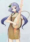  1girl alternate_costume biwa_lute chain chinese_clothes flower hair_flower hair_ornament instrument long_hair lute_(instrument) musical_note purple_hair smile solo touhou tsukumo_benben twintails violet_eyes ys_(fall) 