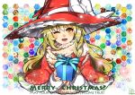  1girl adapted_costume alternate_color blonde_hair bow box braid bust christmas dress gift gift_box hat hat_bow kirisame_marisa long_hair long_sleeves merry_christmas one_eye_closed open_mouth red_dress santa_costume single_braid smile solo touhou umigarasu_(kitsune1963) witch_hat yellow_eyes 