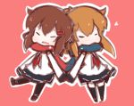  2girls brown_hair closed_eyes folded_ponytail hair_ornament hairclip ikazuchi_(kantai_collection) inazuma_(kantai_collection) kantai_collection multiple_girls nuu_(nu-nyu) open_mouth scarf school_uniform serafuku short_hair sketch smile 