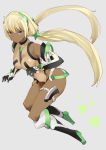  1girl angela_balzac bare_shoulders blonde_hair bodysuit breasts dark_skin elbow_gloves expelled_from_paradise gloves grey_background hareno_chiame headgear leotard long_hair looking_at_viewer low_twintails smile solo thigh_strap twintails very_long_hair violet_eyes 