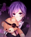  1girl bags_under_eyes black_eyes bust diabolik_lovers eyepatch gothic_lolita highres lolita_fashion purple_hair sakamaki_kanato short_hair solo stuffed_animal stuffed_toy teddy_bear wakatsuki_you 