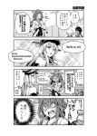  4girls 4koma bismarck_(kantai_collection) comic detached_sleeves fairy_(kantai_collection) hairband hat kantai_collection kongou_(kantai_collection) long_hair monochrome multiple_girls nontraditional_miko peaked_cap sakimiya_(inschool) translation_request 