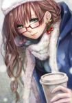 1girl blurry bokeh brown_hair bust cherry_earrings cup depth_of_field earrings glasses green_eyes hat hooded_jacket jewelry lips lma long_hair looking_at_viewer original red-framed_glasses scarf semi-rimless_glasses snowing solo under-rim_glasses 