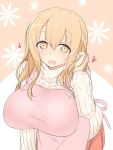  1girl :d apron bending_forward brown_eyes brown_hair heart kokuto_adk long_hair open_mouth ribbed_sweater smile solo sunoharasou_no_kanrinin-san sweater 