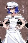  1girl alternate_costume aoshima bare_shoulders bat_wings collarbone dress hands_on_hips lavender_hair looking_at_viewer off_shoulder red_eyes remilia_scarlet serious shaded_face short_hair touhou translation_request white_dress wings 